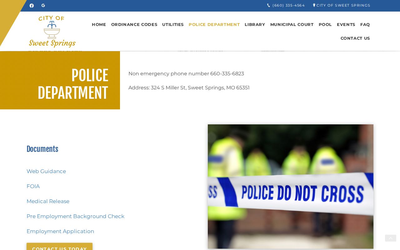 Sweet Springs Police Department contact page with its non-emergency phone and street address